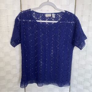 Chico’s Womens Medallion Top Size Small Chicos 0 Royal Blue Crochet Top